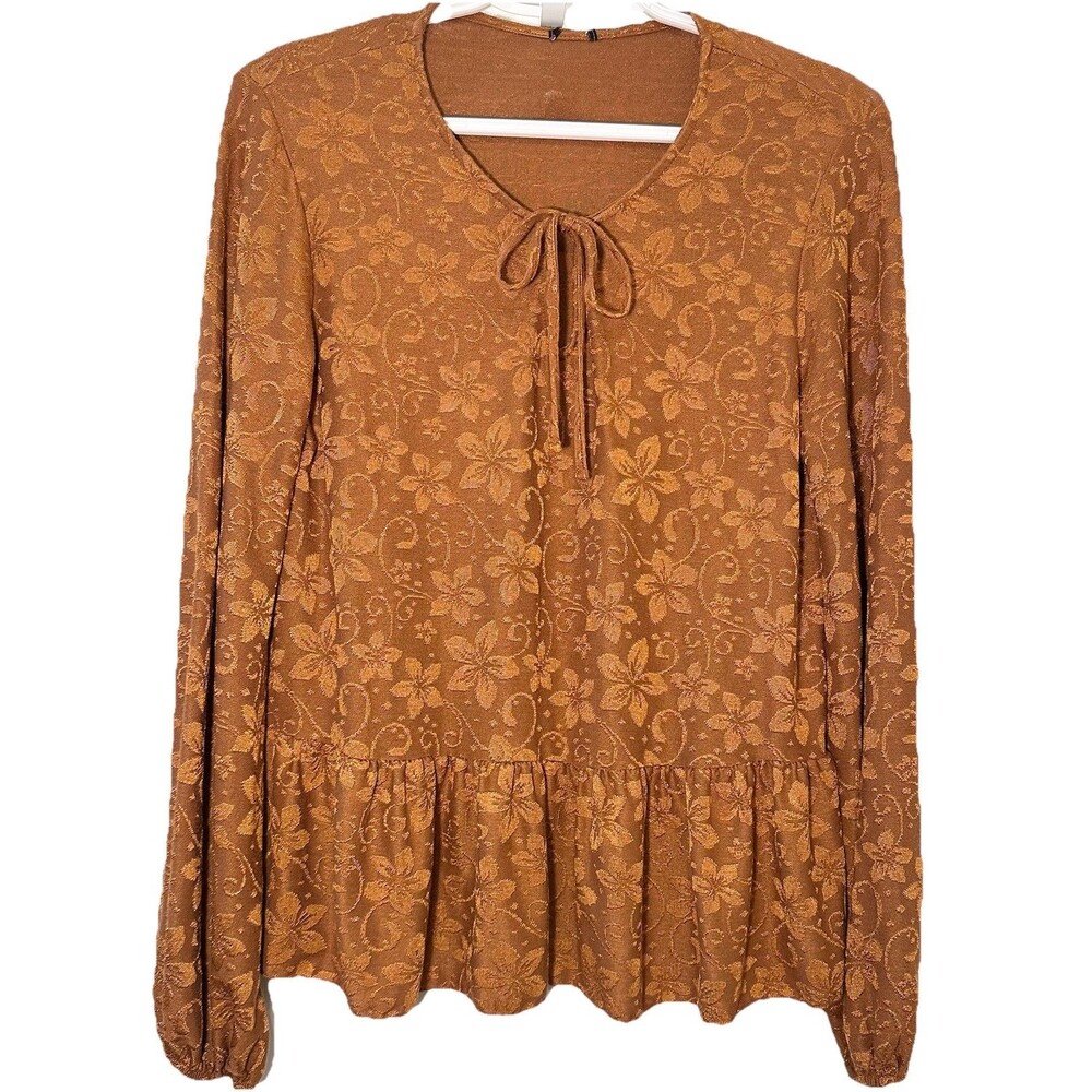 OVS Rust Floral Jacquard Peplum Top Small Boho Long Sleeve Tie Neck Spain